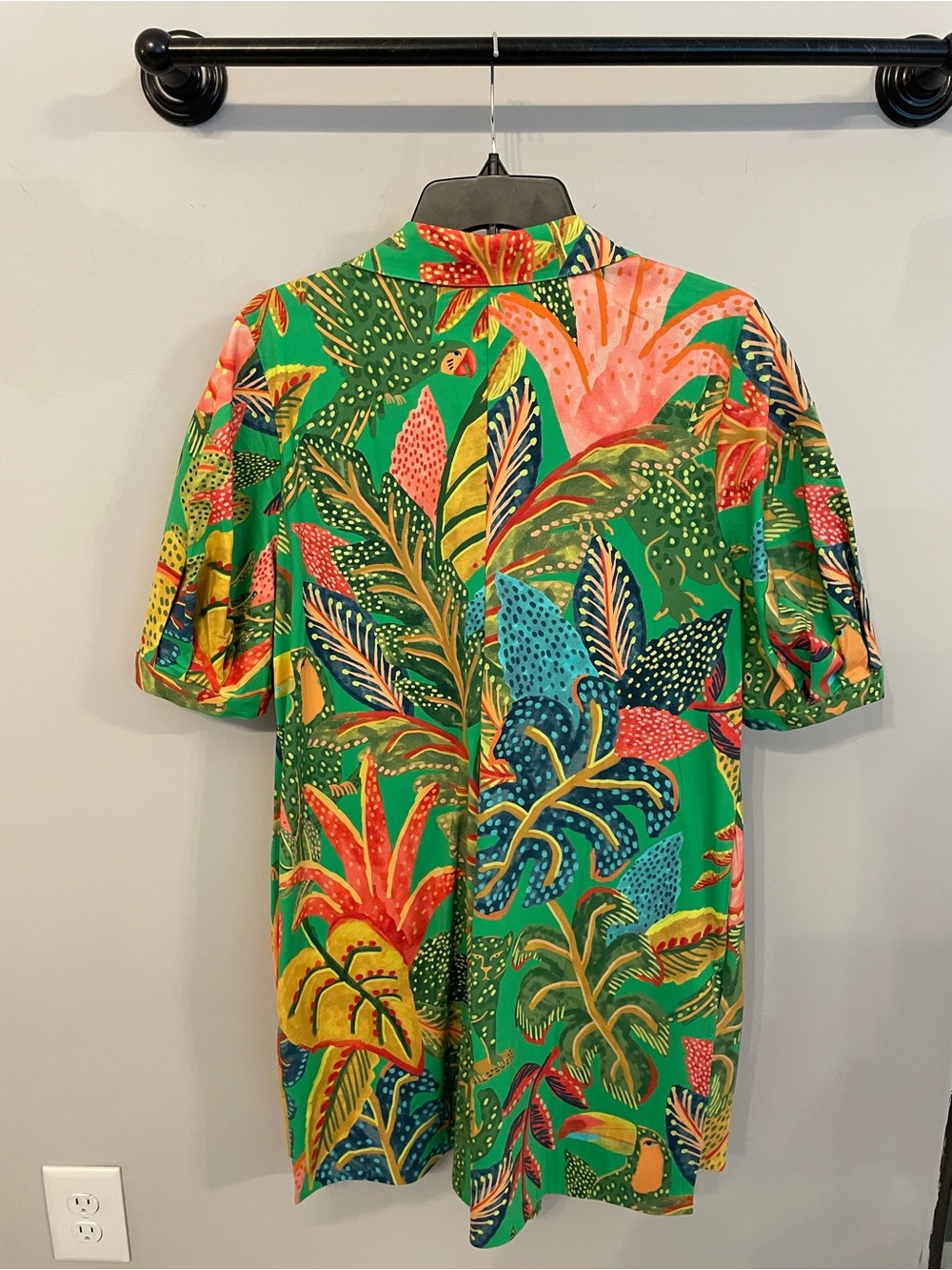 Tropical Print Short Sleeve Button-Up romper- Green - Picture 2 of 6